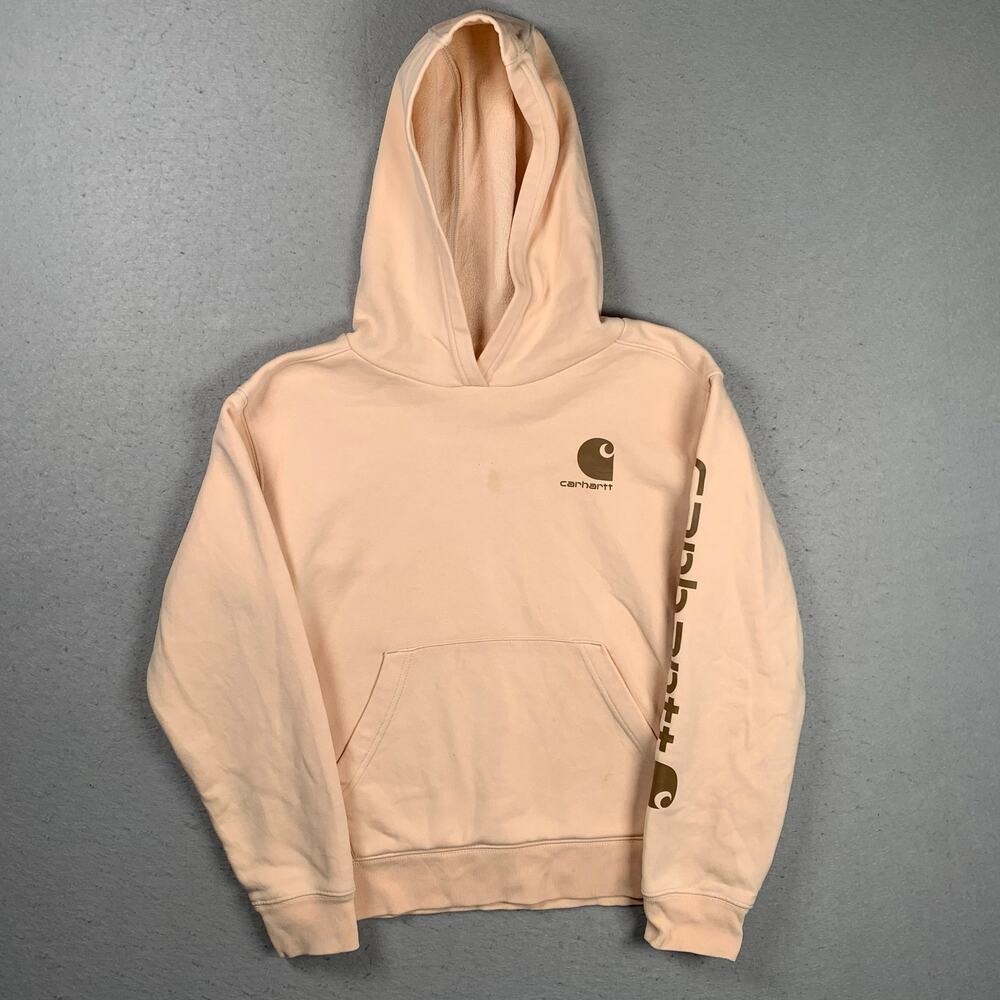 Carhartt Hoodie Youth Large Peach Pullover Spell Out Kangaroo Pocket Sweatshirt